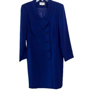 Kasper Coat Style Navy Dress V Neck Button Down Front Criss-Cross Collar Pockets